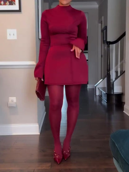 Women's Mock Neck Long Sleeve A Line Party Dress