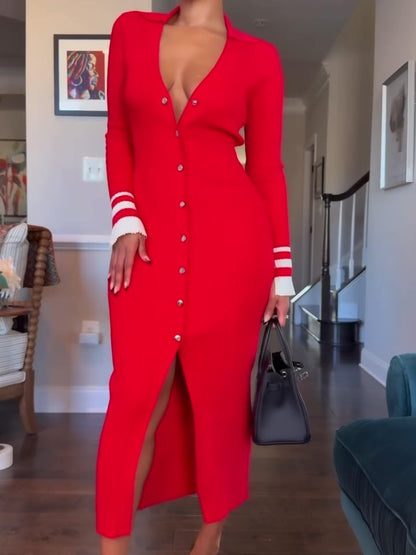 V Neck Long Sleeve Knit Dress