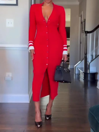 V Neck Long Sleeve Knit Dress