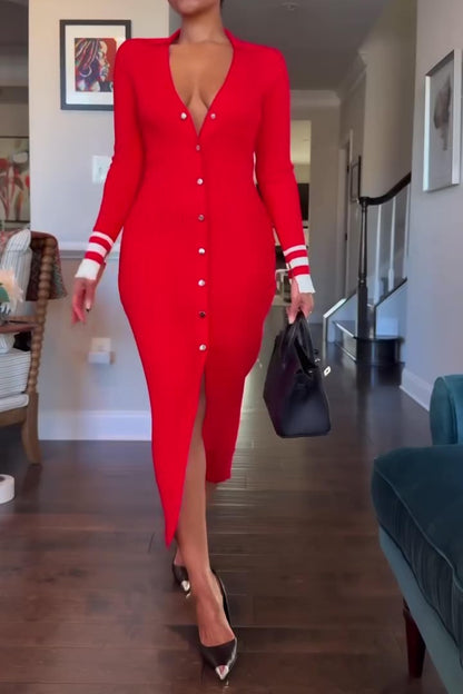 V Neck Long Sleeve Knit Dress