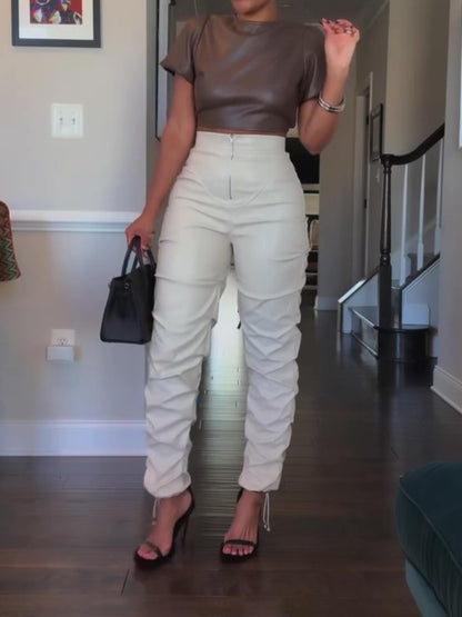 Faux Leather Ruffle Ruched Leggings