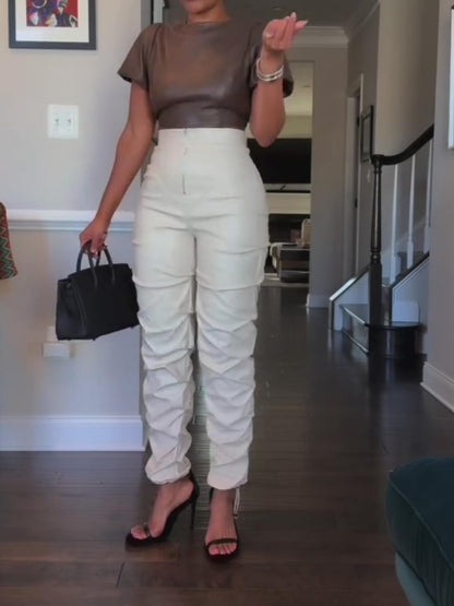 Faux Leather Ruffle Ruched Leggings