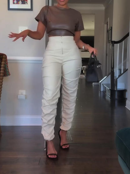 Faux Leather Ruffle Ruched Leggings