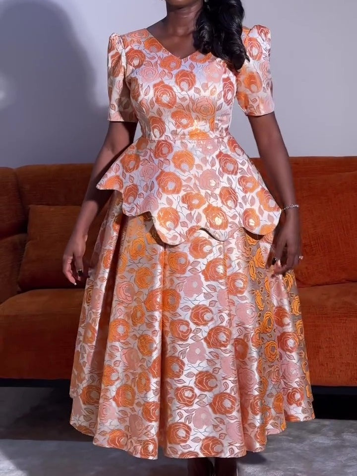 V-neck Printed Puffy Skirt Suit