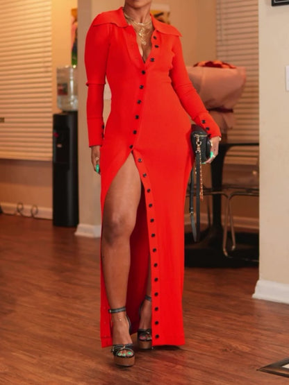 Button Split Knit Long Sleeve Dress