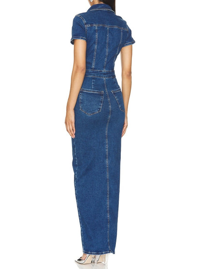 Denim Short Sleeve Split Maxi Dress