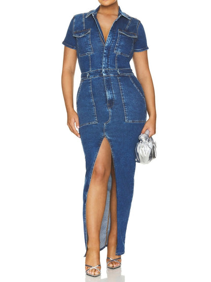 Denim Short Sleeve Split Maxi Dress