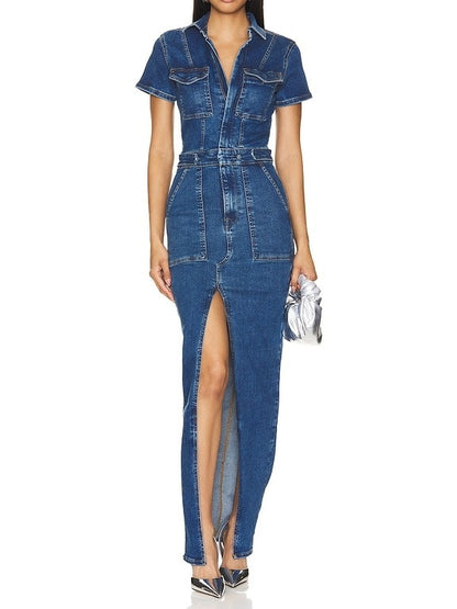 Denim Short Sleeve Split Maxi Dress