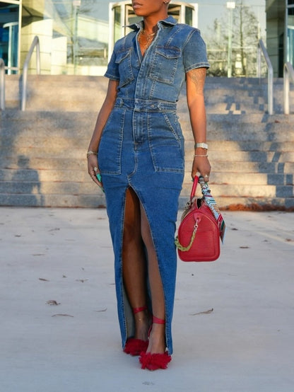 Denim Short Sleeve Split Maxi Dress