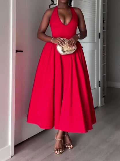 Deep V-neck Halter Neck Fitted Backless Maxi Dress