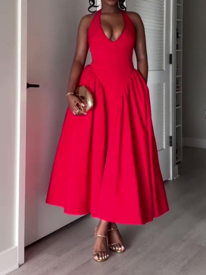 Deep V-neck Halter Neck Fitted Backless Maxi Dress
