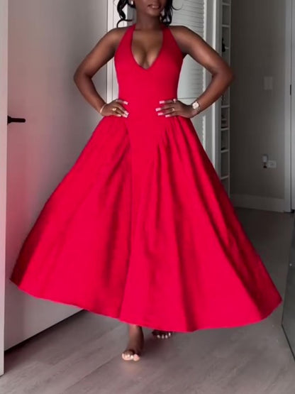 Deep V-neck Halter Neck Fitted Backless Maxi Dress
