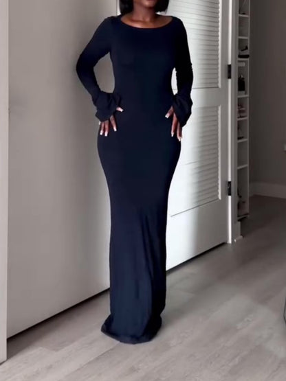 Asymmetric Adjustable Buckle Open Back Round Neck Long Sleeve Slim Sexy Dress