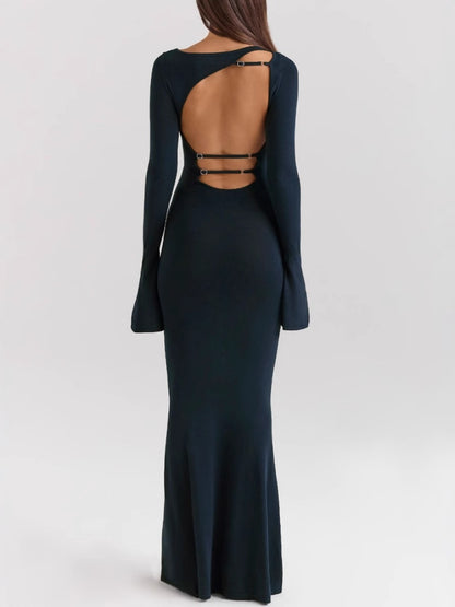 Asymmetric Adjustable Buckle Open Back Round Neck Long Sleeve Slim Sexy Dress