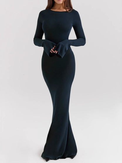 Asymmetric Adjustable Buckle Open Back Round Neck Long Sleeve Slim Sexy Dress