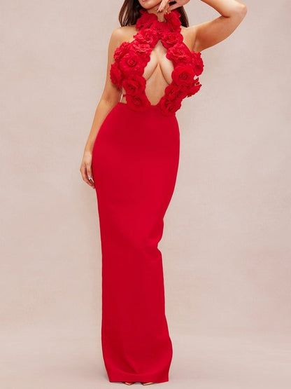 Rose Hollow Out Sexy Halter Dress