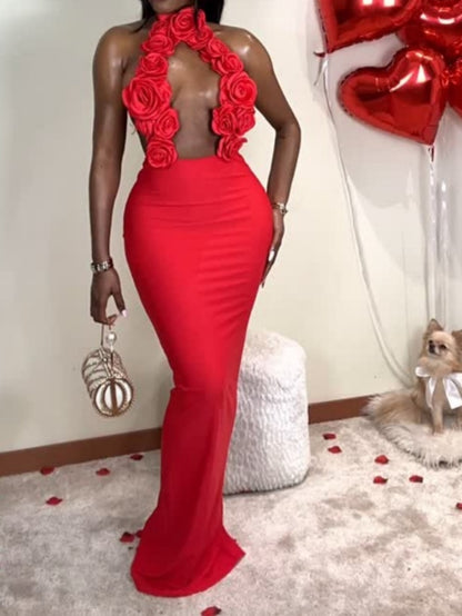 Rose Hollow Out Sexy Halter Dress