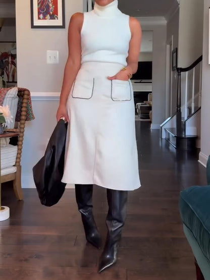 Sleeveless Mock-Neck Sweater A Line Midi Skirts Set