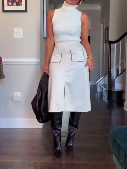 Sleeveless Mock-Neck Sweater A Line Midi Skirts Set