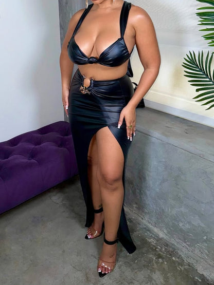 Sexy PU Vest Slim Split Half-body Skirt Set
