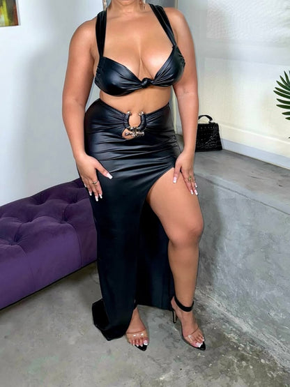 Sexy PU Vest Slim Split Half-body Skirt Set