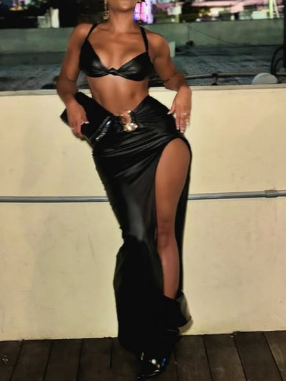 Sexy PU Vest Slim Split Half-body Skirt Set