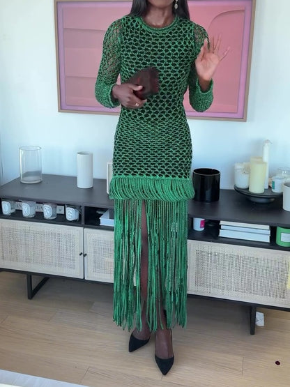 Green Hollow Out Fringe Maxi Dress