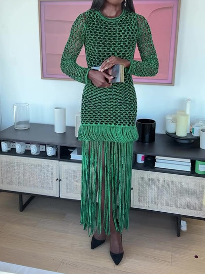 Green Hollow Out Fringe Maxi Dress