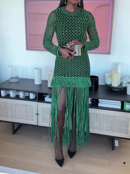 Green Hollow Out Fringe Maxi Dress