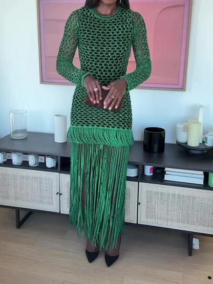 Green Hollow Out Fringe Maxi Dress