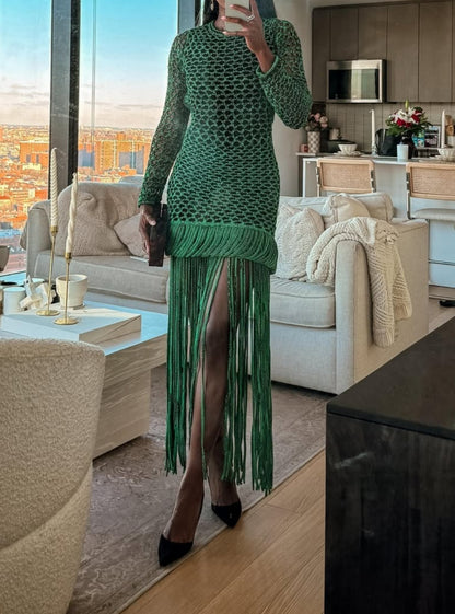 Green Hollow Out Fringe Maxi Dress