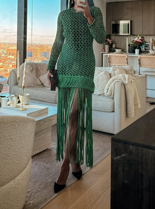 Green Hollow Out Fringe Maxi Dress