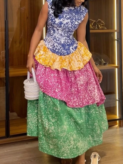 Elegant Sleeveless Layered Patchwork Maxi Dress