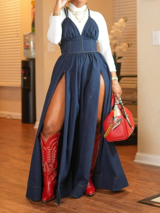 Fashion Denim Maxi Dress