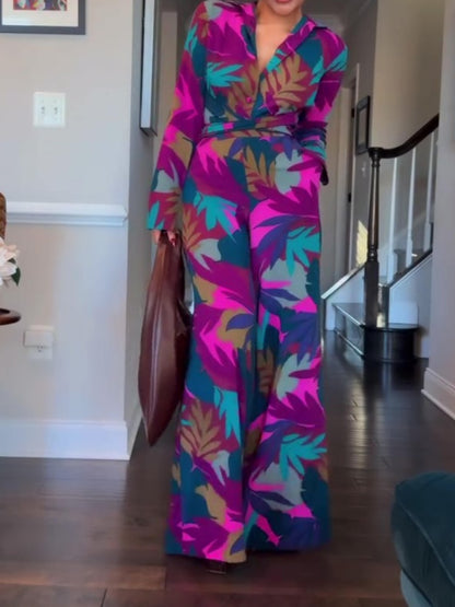 Elegant High Neck Leaf Print Set