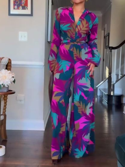 Elegant High Neck Leaf Print Set