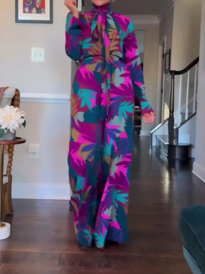 Elegant High Neck Leaf Print Set