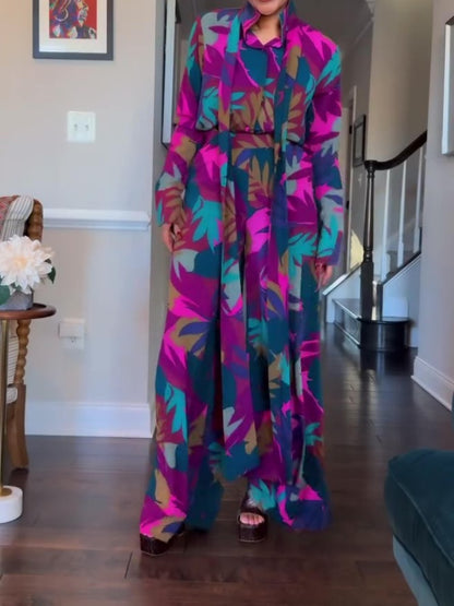 Elegant High Neck Leaf Print Set