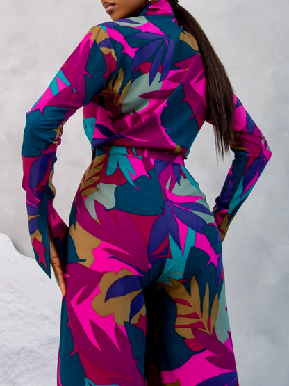 Elegant High Neck Leaf Print Set