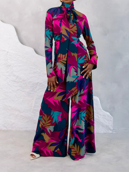 Elegant High Neck Leaf Print Set