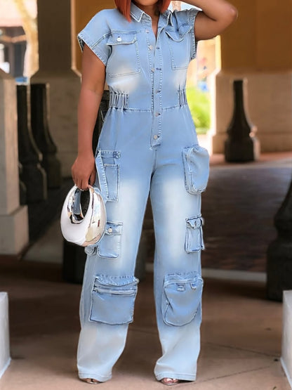 Fashion Denim Cargo Jumpsuit