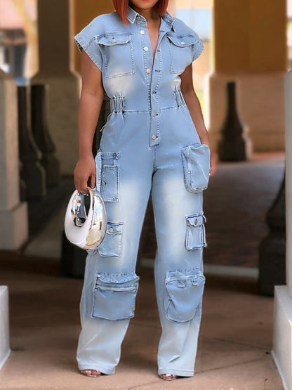 Fashion Denim Cargo Jumpsuit