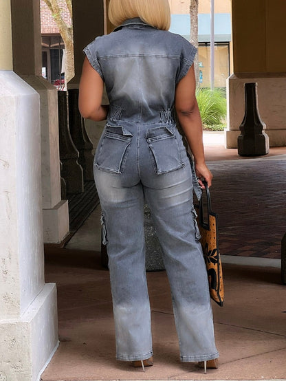 Fashion Denim Cargo Jumpsuit