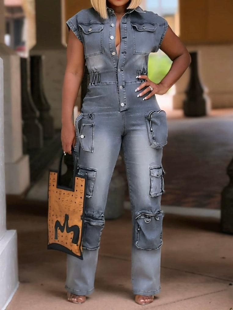Fashion Denim Cargo Jumpsuit