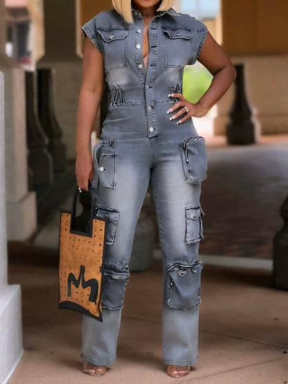 Fashion Denim Cargo Jumpsuit