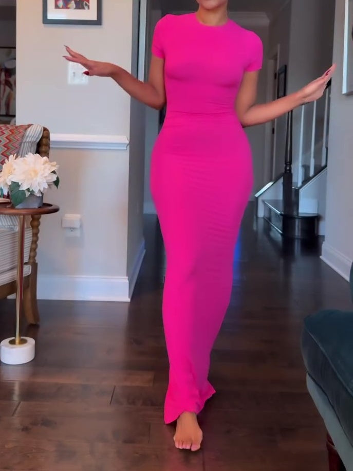 Elegant Short Sleeve Crew Neck Bodycon Maxi Dress