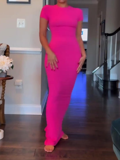 Elegant Short Sleeve Crew Neck Bodycon Maxi Dress