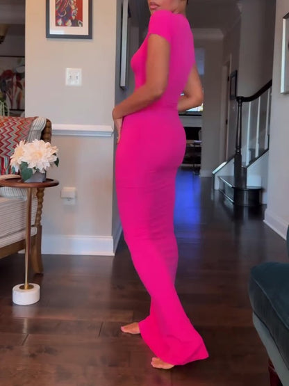 Elegant Short Sleeve Crew Neck Bodycon Maxi Dress
