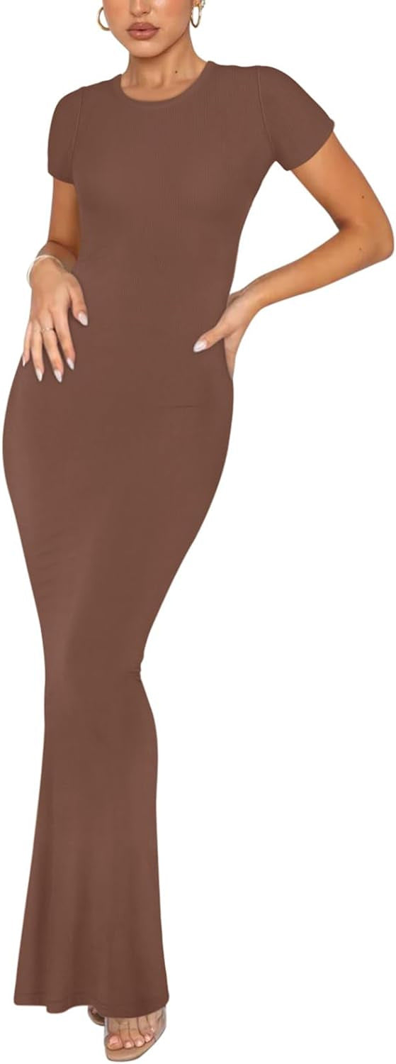 Elegant Short Sleeve Crew Neck Bodycon Maxi Dress