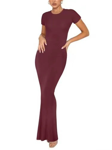 Elegant Short Sleeve Crew Neck Bodycon Maxi Dress
